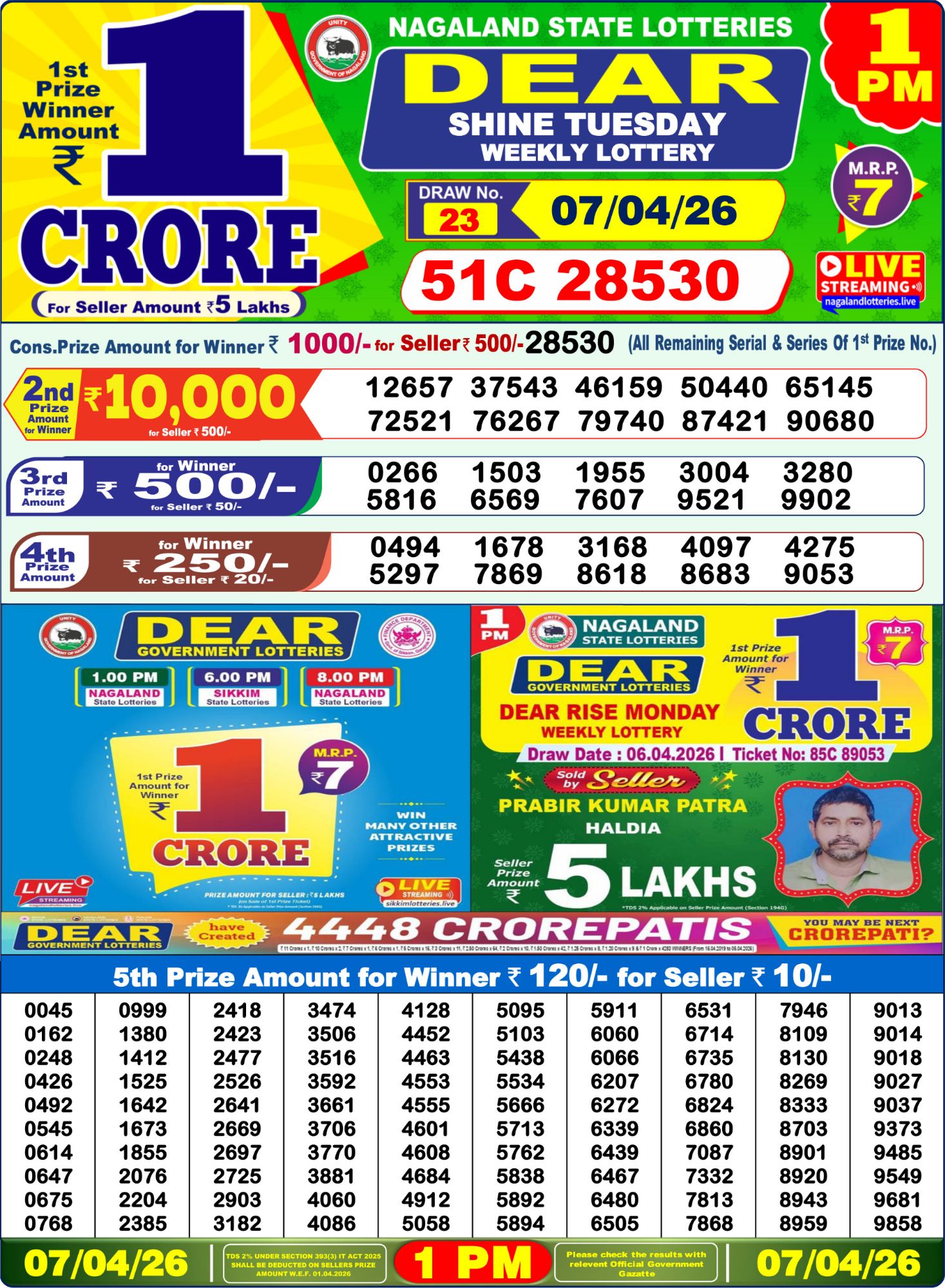 Dear Lottery 1PM Result