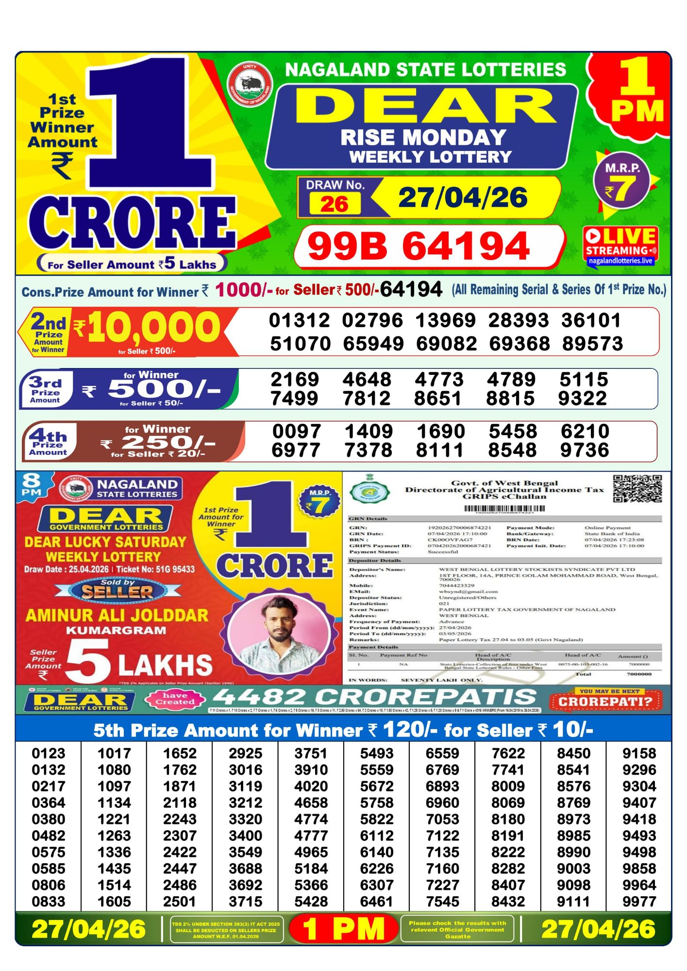Dear Lottery 1PM Result
