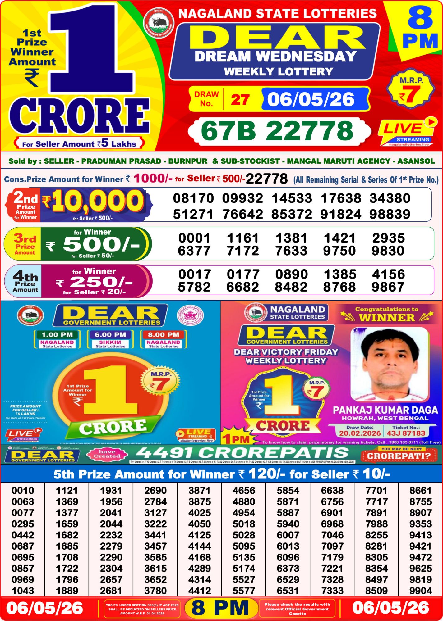 Dear Lottery 8PM Result