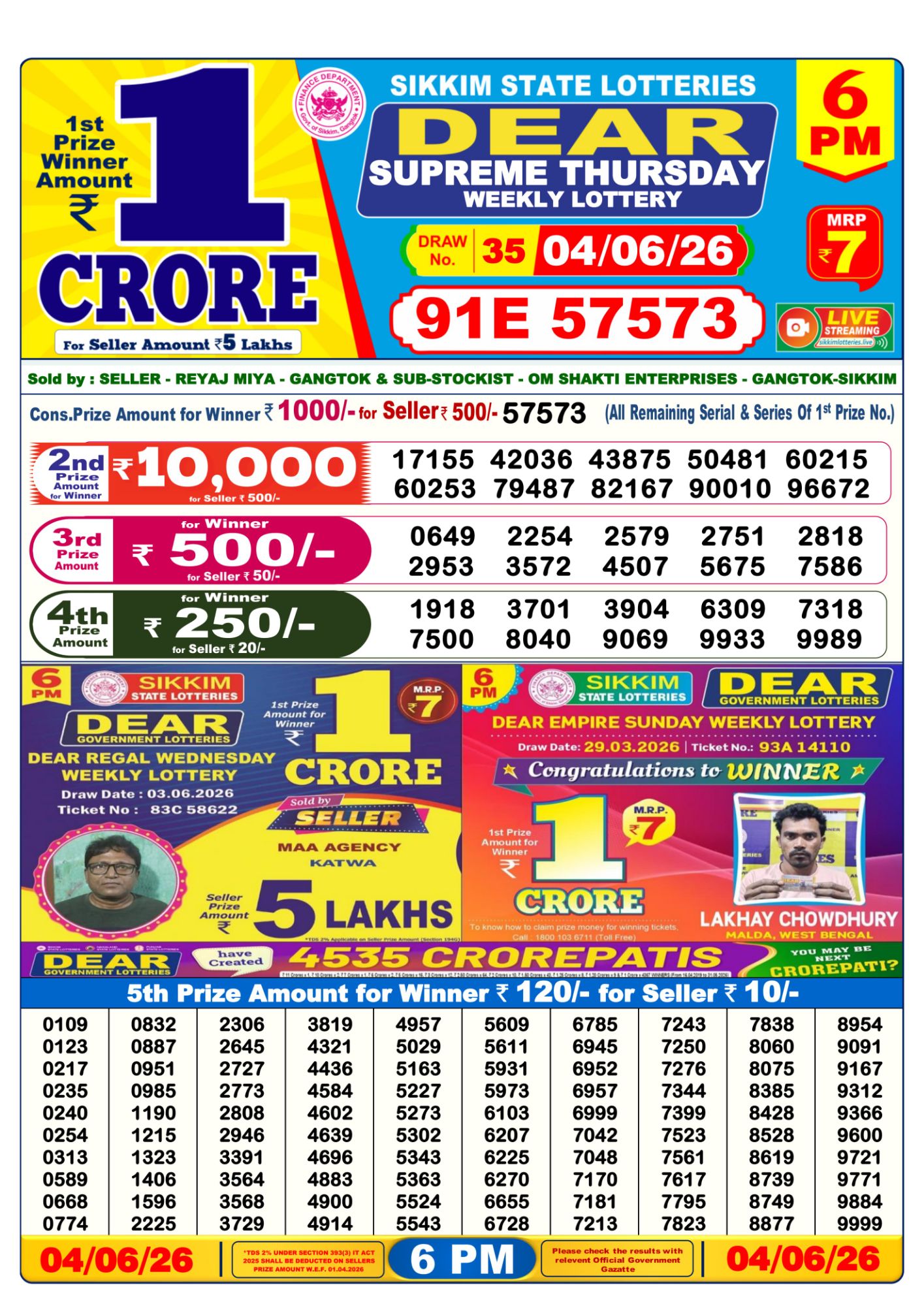 Dear Lottery 6PM Result