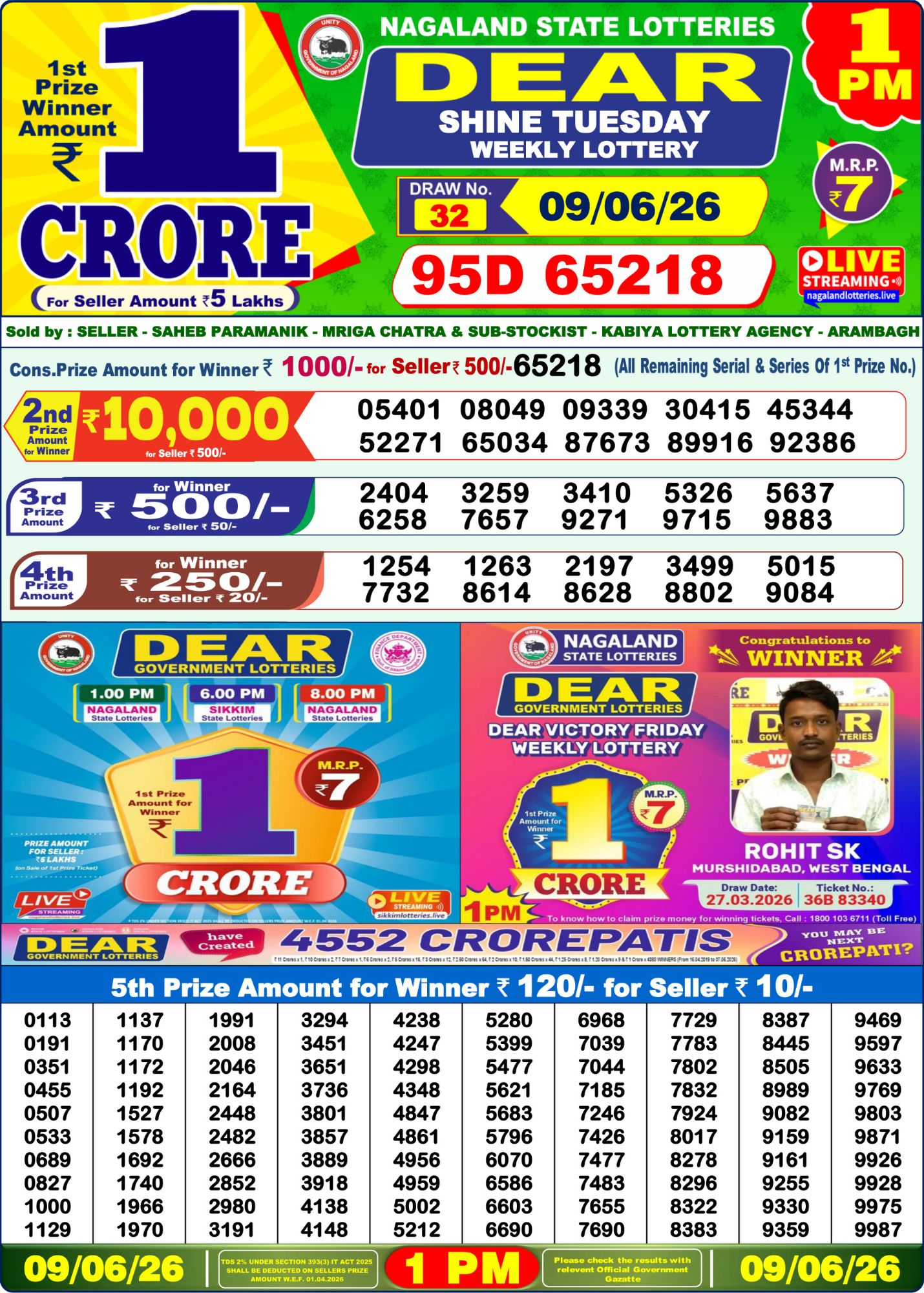 Dear Lottery 1PM Result