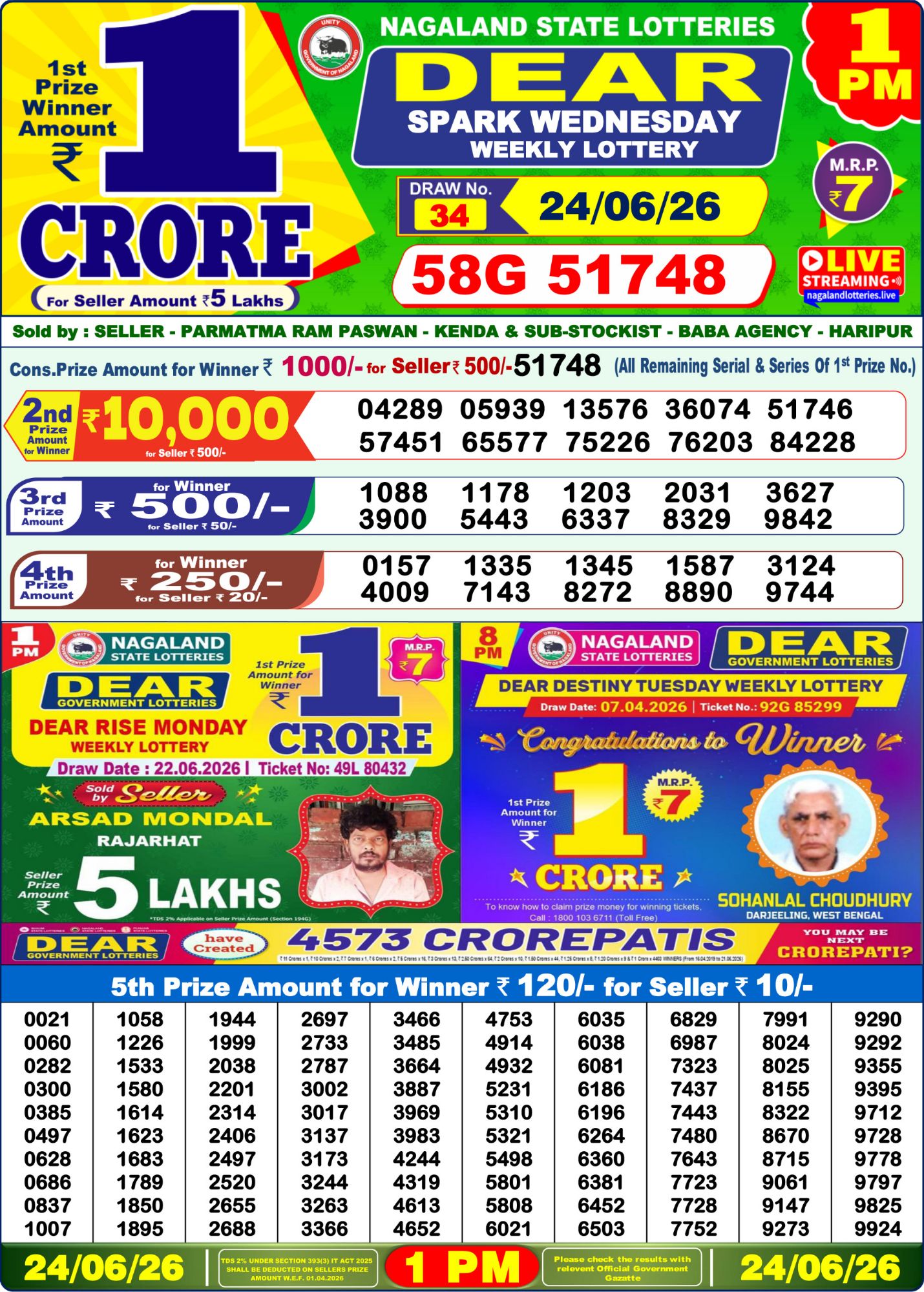 Dear Lottery 1PM Result