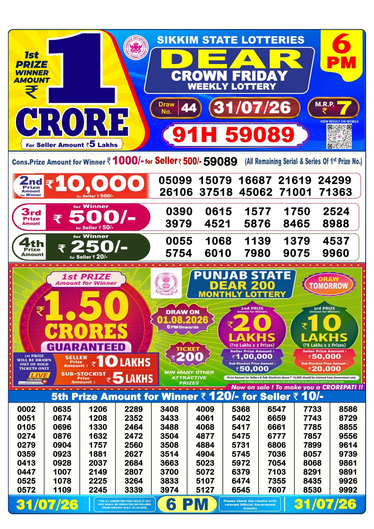 Dear Lottery 6PM Result